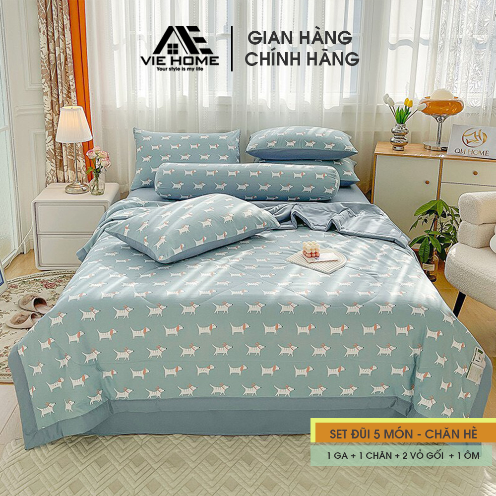 Bộ Chăn Chần Ga Giường Vỏ Gối 5 Món Cotton Đũi VIE HOME - Bedding Cao Cấp Hoa Lá Đủ Size Nệm M6/M8