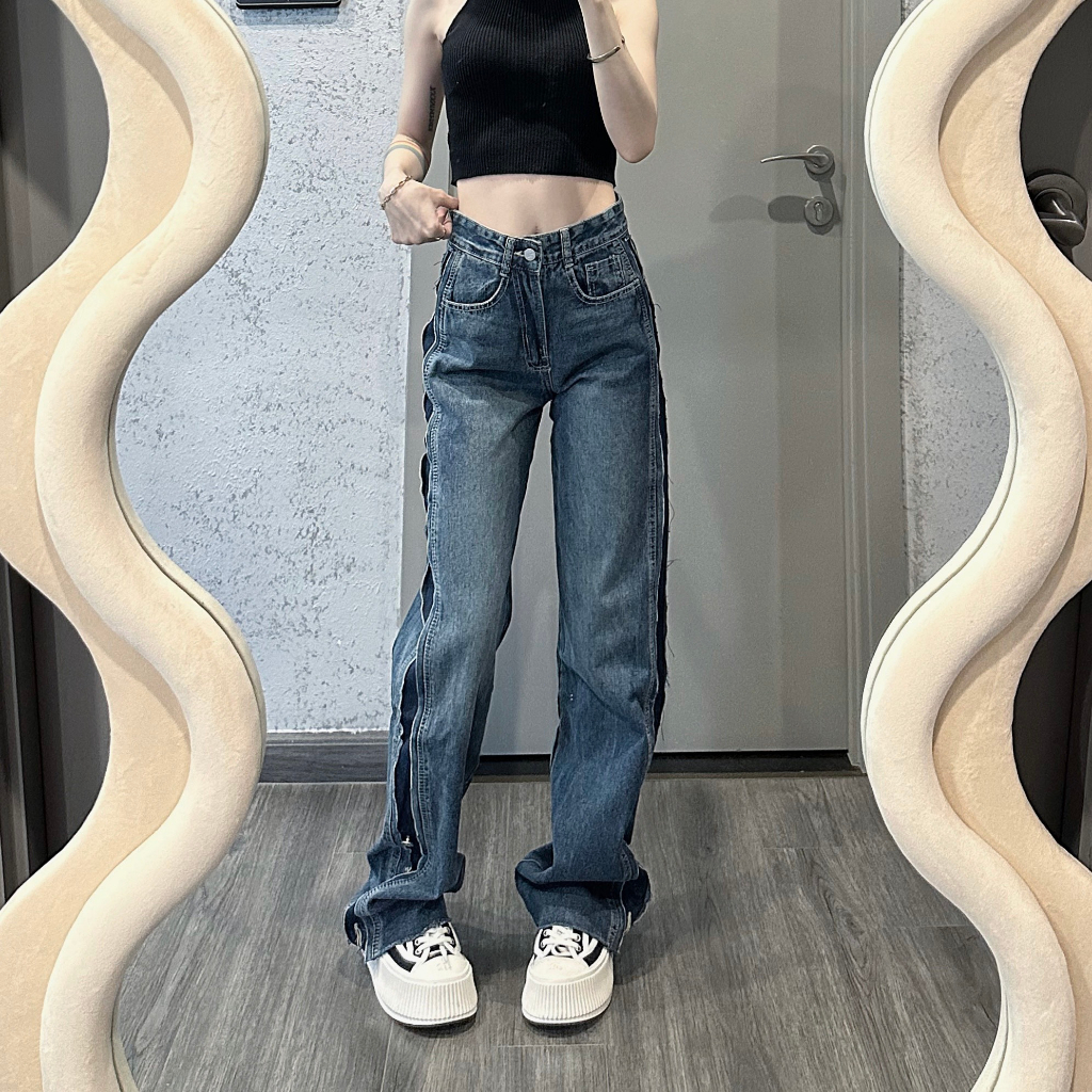 Quần jean nữ MUS ống rộng thiết kế đứng form cạp cao co giãn phong cách Hàn Quốc 1755