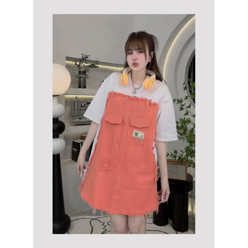 Váy phối Jean 2 túi nắp viền tua rua form suông