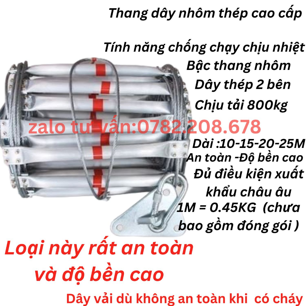 Thang dây thoát hiểm bậc nhôm dây cáp thép chống cháy dài 5M-10M-15M-20M gồm móc QUANGLONG