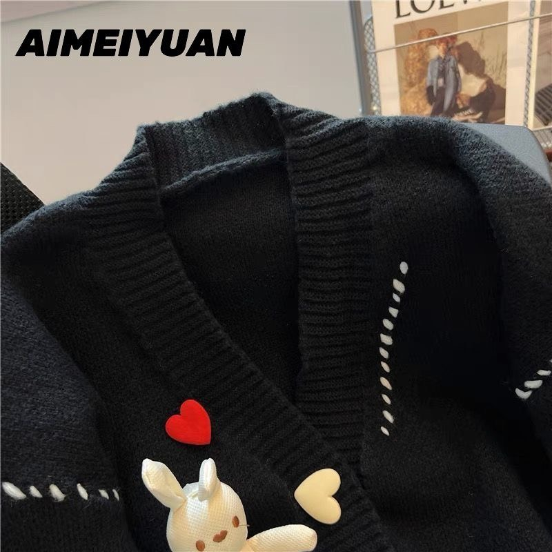 Áo Khoác Cardigan Len Tay Dài Hàng Qccc Cổ V Dáng Rộng Phối Thêu Gấu Nổi Tim Và Nhiều Hình Hoạt Hình Siêu Cute Smide