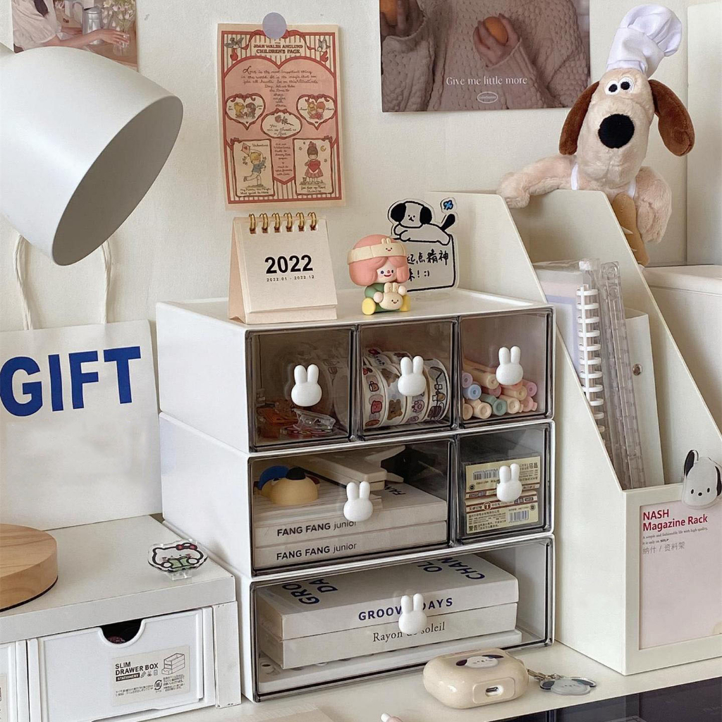 Tủ Đựng Đồ Để Bàn Đa Năng HÌnh Thỏ , Hộp Đựng Đồ Mĩ Phẩm Decor Mini Bàn Học, Bàn Làm Việc Có Ngăn Kéo Mặt Kính Xếp Chồng