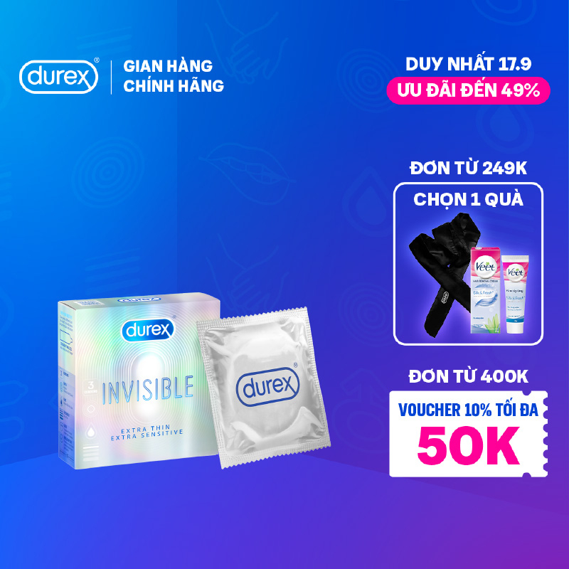 Bao cao su Durex Invisible siêu mỏng size 52mm hộp 3 bao