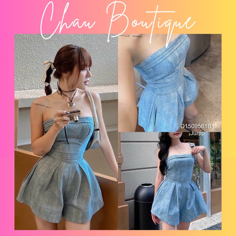 Jumpsuit jean short cúp ngực phối viền hàng chuẩn!