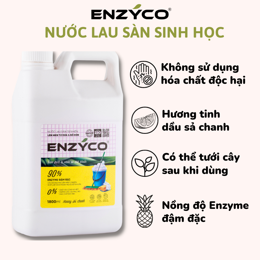Nước Lau Sàn Sinh Học ENZYCO Hương Sả Chanh 1.8L, Khử Mùi Đuổi Muỗi Côn Trùng, Enzyme Từ Dứa