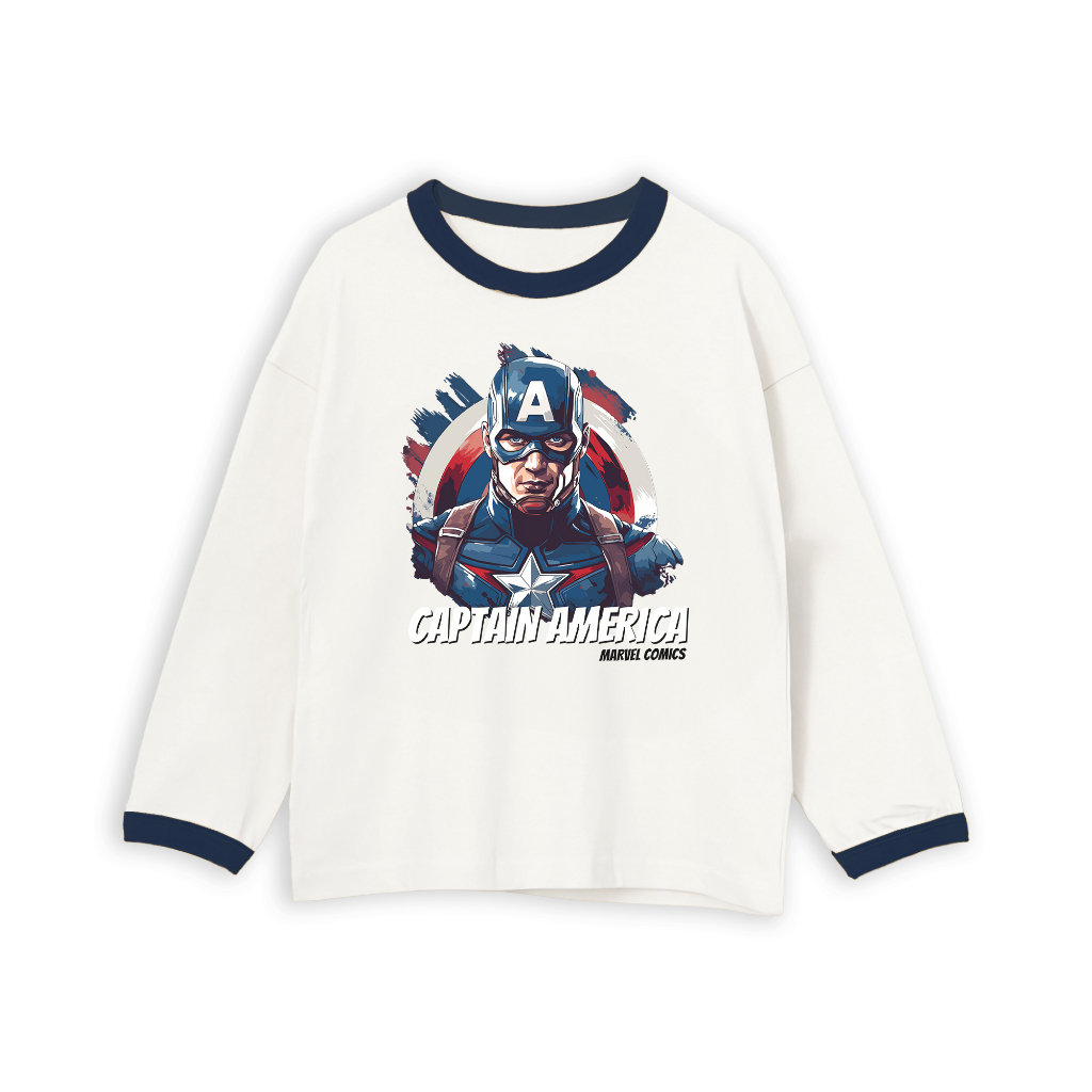 Áo dài tay bé trai trắng viền xanh in hình Captian MV BT224