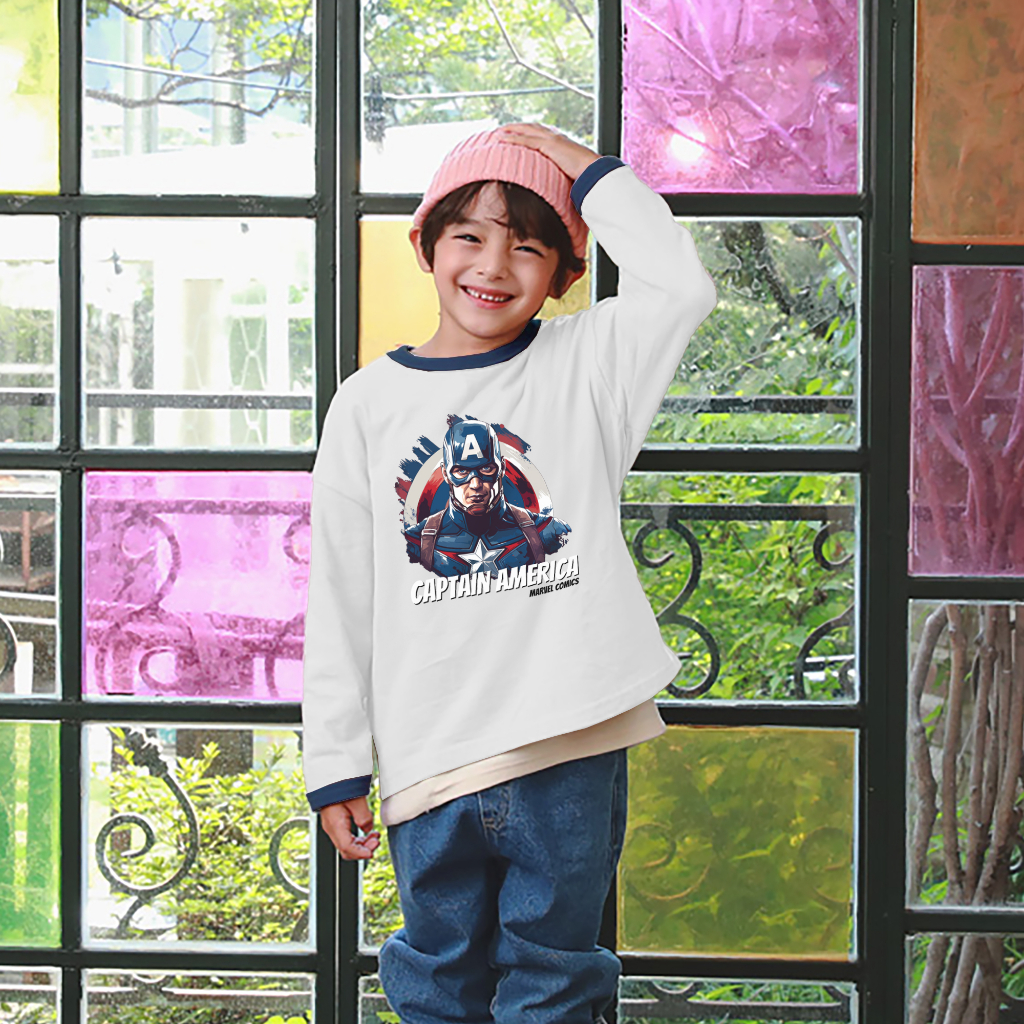 Áo dài tay bé trai trắng viền xanh in hình Captian MV BT224