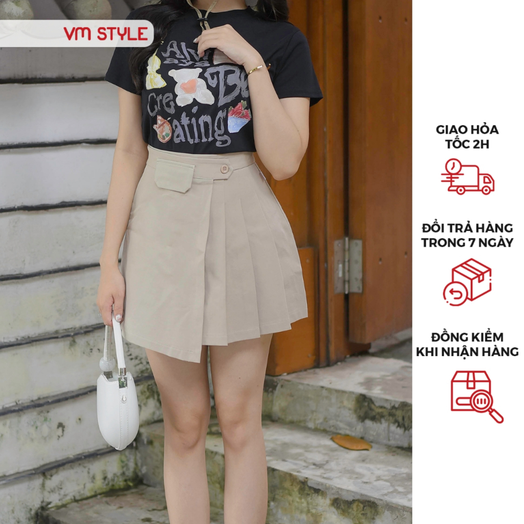 Chân váy nữ VMSTYLE ngắn cạp cao xếp ly bên vạt chéo đai nút kiểu 0536 - CVN00099