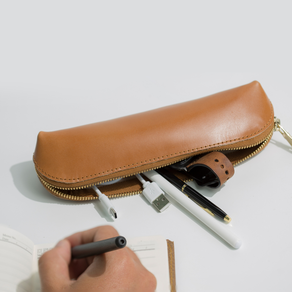 Hộp đựng bút da bò cao cấp P126, 100% da bò thật, có khóa kéo, bảo hành 12 tháng