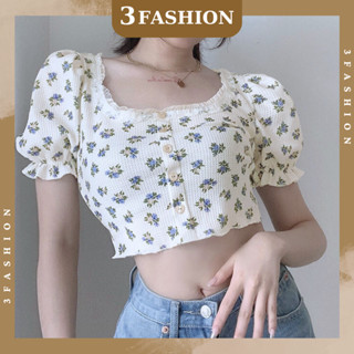 Áo croptop hoa nhí tay phồng cổ vuông vải thun tăm đẹp mềm mịn mát hoạ tiết in đẹp 3Fashion - A28