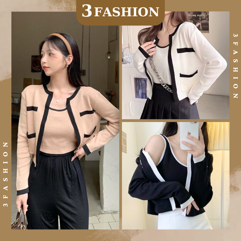Set áo khoác ngắn nữ croptop sang chảnh, áo khoác cardigan + áo hai dây dáng vải dệt kim phong cách Hàn Quốc - A17