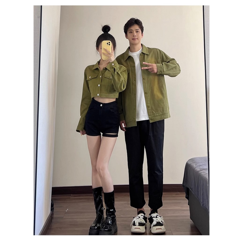 NEW ODER. SET ÁO KHOÁC ĐÔI NAM NỮ, ÁO KHOÁC CROROP NỮ MÀU XANH RÊU. MẪU MỚI 2026