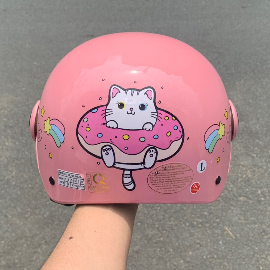 Mũ Bảo Hiểm 1/2 Trẻ Em SRT Kính Càng - Nón Bảo Hiểm Cho Bé Tem Mèo Donut Dễ Thương (Tặng Tai Mèo)