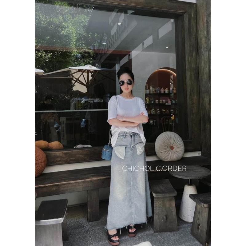 Váy denim thiết kế mùa hè dành cho nữ Chân váy chữ A dáng dài túi ở ngoài retro 2023