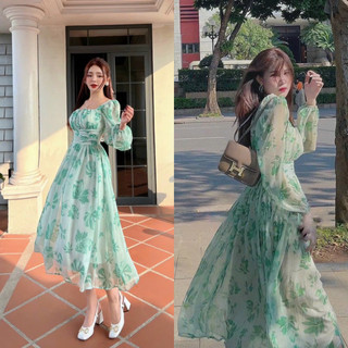 Đầm váy hoa xanh dài nhún eo tay phồng thời trang nữ hotgirl thiết kế nàng thơ đi biển du lịch đi chơi dạo phố nổi bật