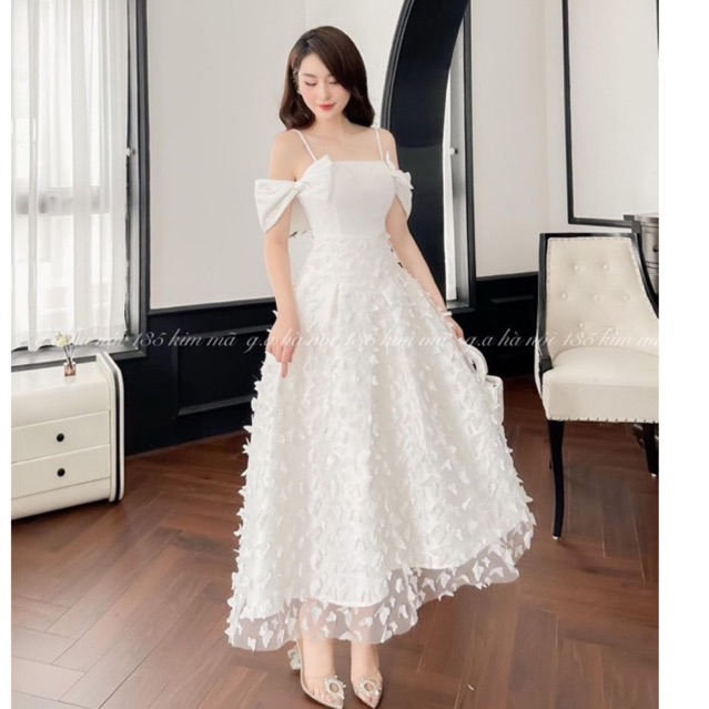 ĐẦM MIDI REN BỨM XOÈ RỚT VAI GAID000319