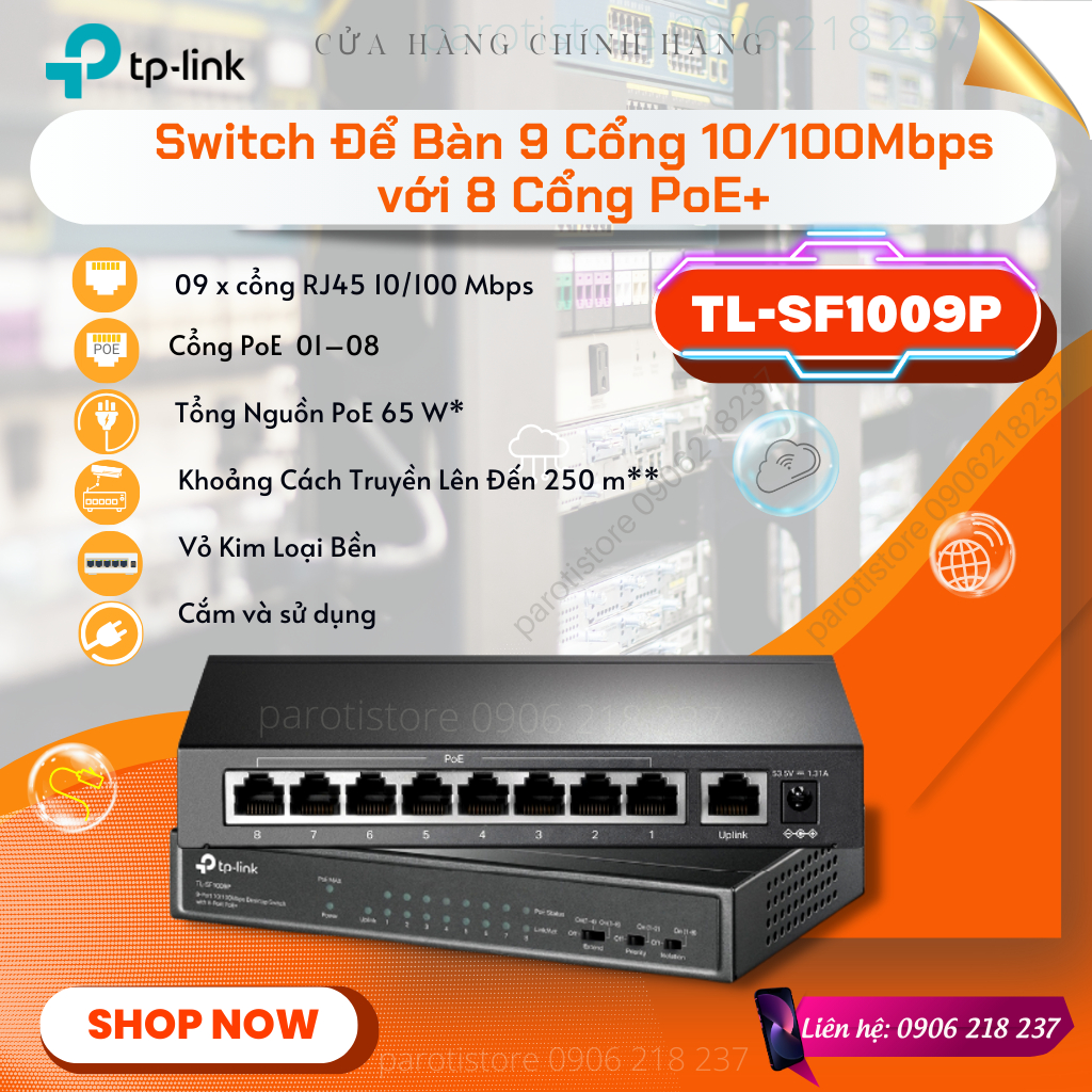 Switch chia mạng Để Bàn 9 Cổng 10/100Mbps với 8 cổng POE TP-Link TL-SF1009P _chính hãng, mới 100%