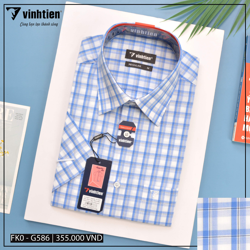 Áo Sơ Mi Ngắn Tay Sọc Caro Vạt Ngang Form Regular Vĩnh Tiến 355