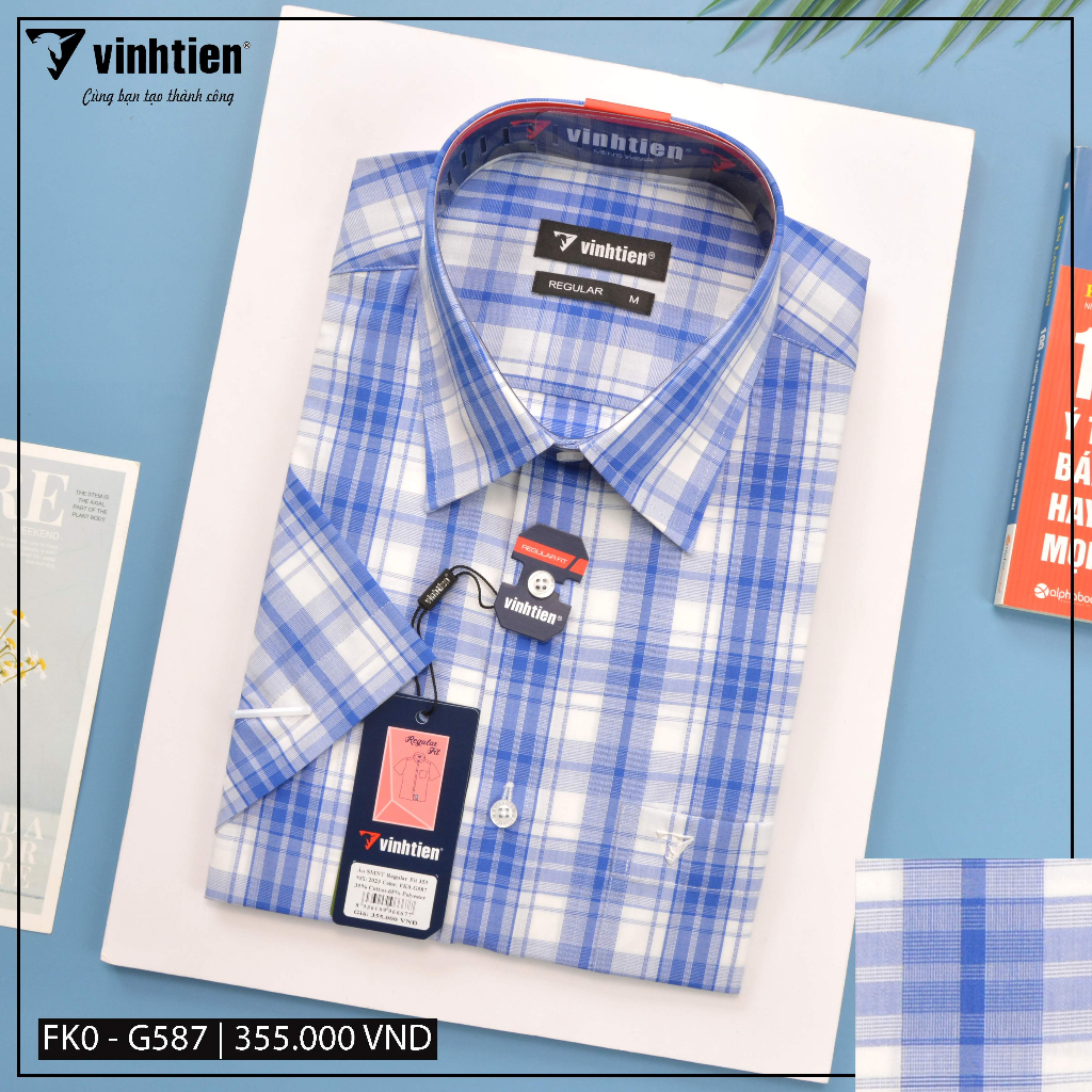 Áo Sơ Mi Ngắn Tay Sọc Caro Vạt Ngang Form Regular Vĩnh Tiến 355