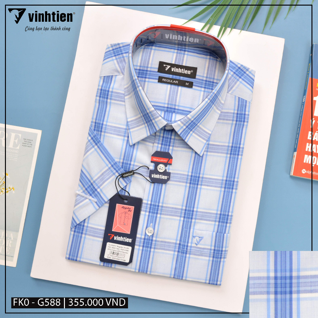 Áo Sơ Mi Ngắn Tay Sọc Caro Vạt Ngang Form Regular Vĩnh Tiến 355