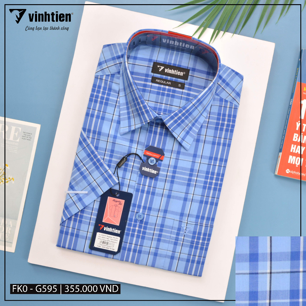 Áo Sơ Mi Ngắn Tay Sọc Caro Vạt Ngang Form Regular Vĩnh Tiến 355