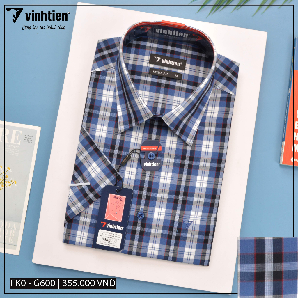 Áo Sơ Mi Ngắn Tay Sọc Caro Vạt Ngang Form Regular Vĩnh Tiến 355