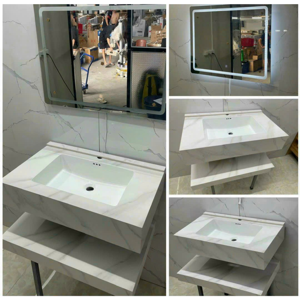 Combo bàn đá 2 tầng + lavabo âm tràn viền + gương led cảm ứng, kích thước 80cm*50cm
