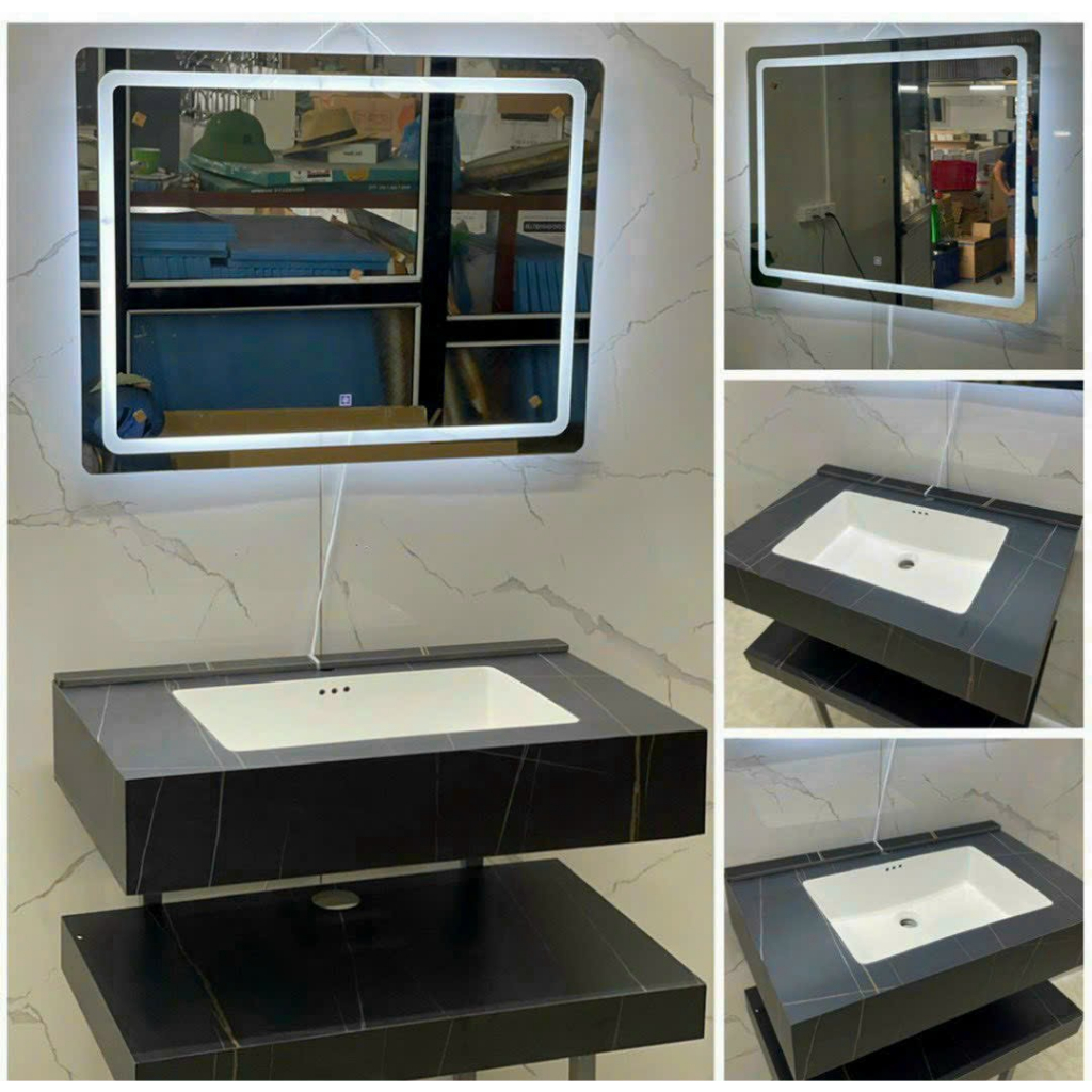Combo bàn đá 2 tầng + lavabo âm tràn viền + gương led cảm ứng, kích thước 80cm*50cm