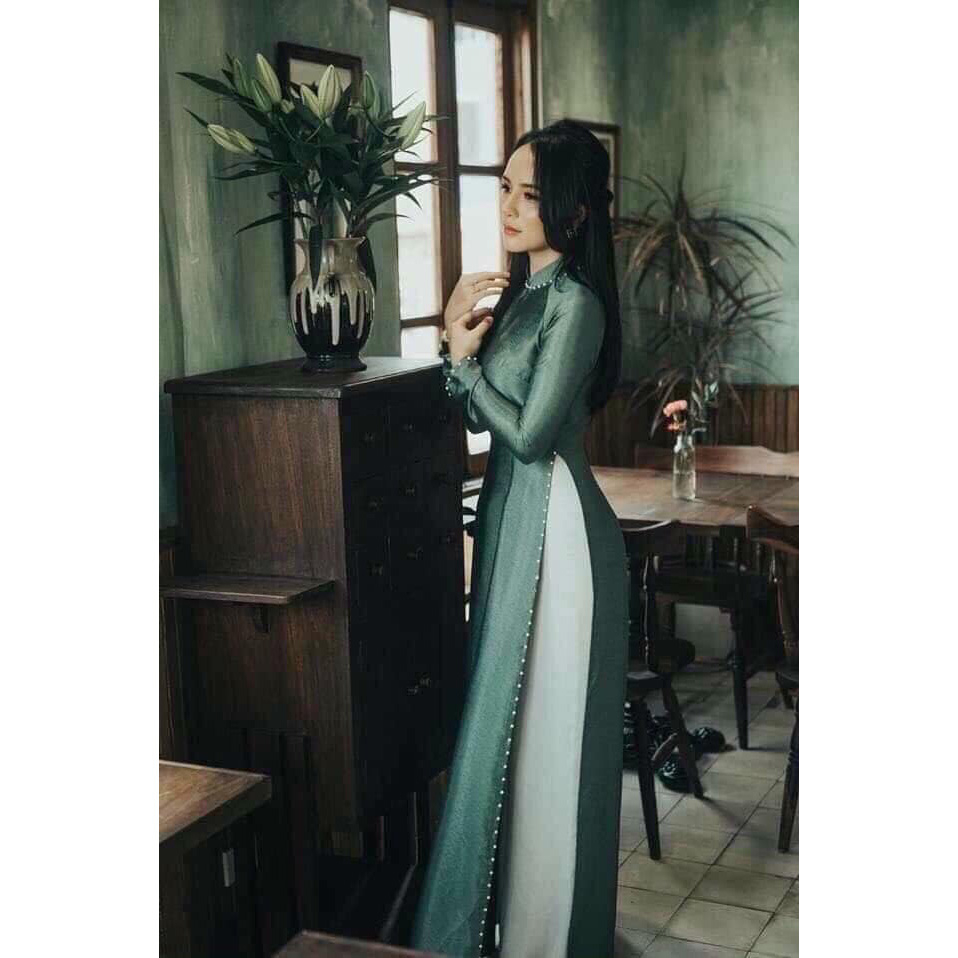 Áo dài vân gỗ, xanh là gì, dáng truyền thống, đính ngọc trai