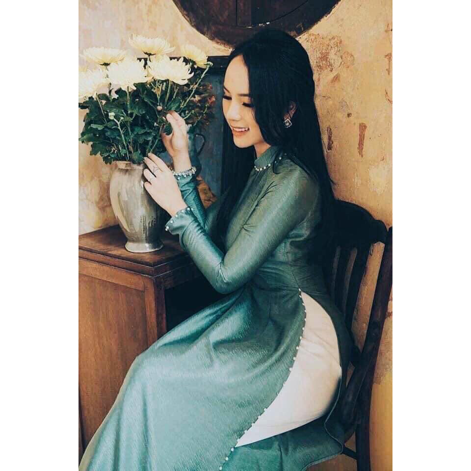 Áo dài vân gỗ, xanh là gì, dáng truyền thống, đính ngọc trai