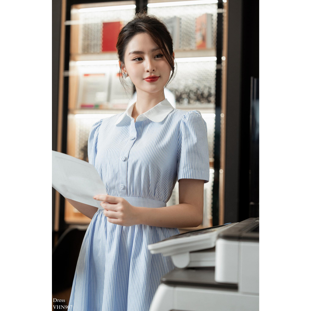 Váy sơ mi công sở cổ sen tay bồng nhún li dáng xòe V42