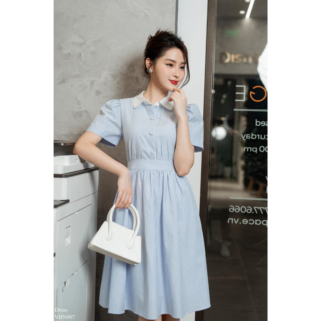 Váy sơ mi công sở cổ sen tay bồng nhún li dáng xòe V42
