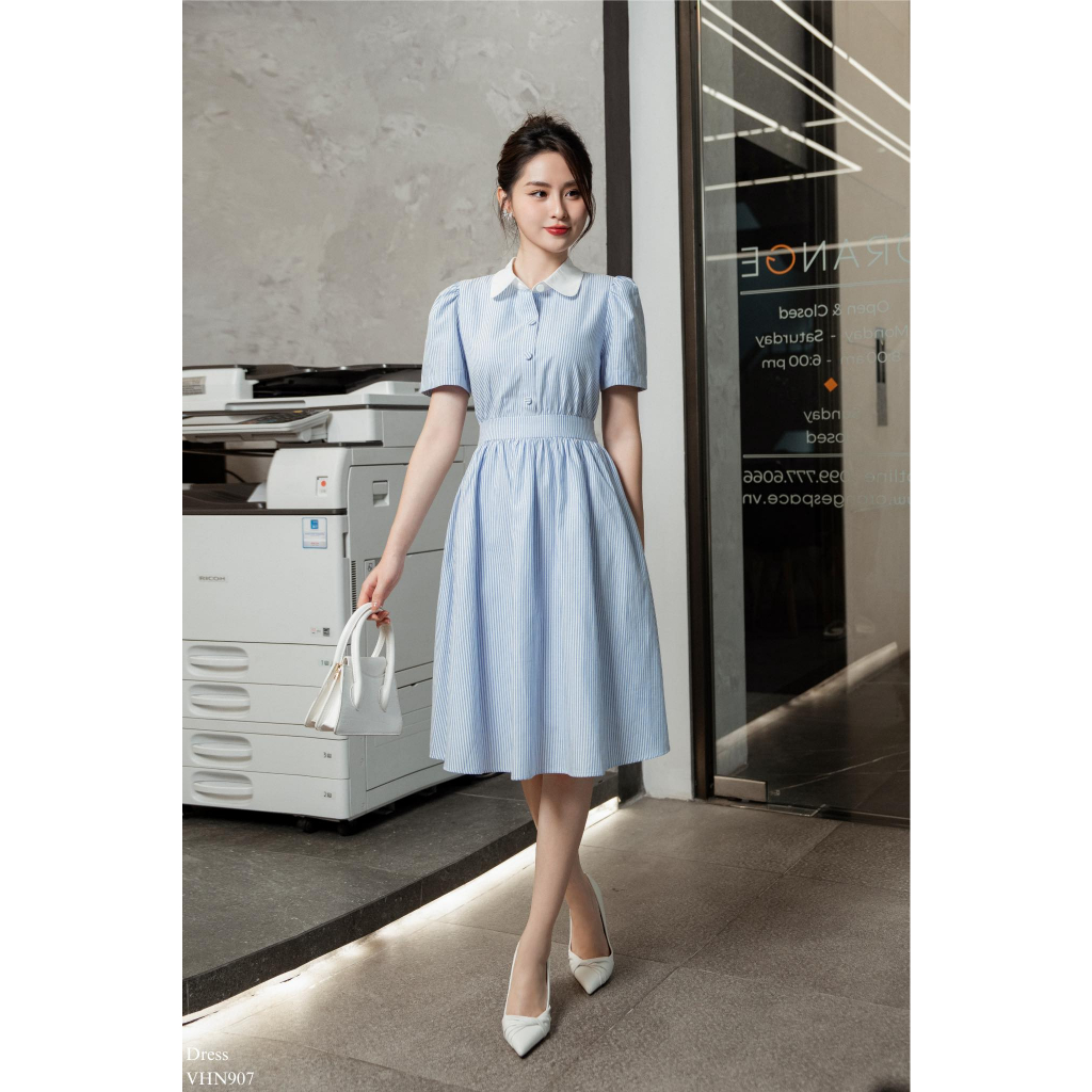 Váy sơ mi công sở cổ sen tay bồng nhún li dáng xòe V42