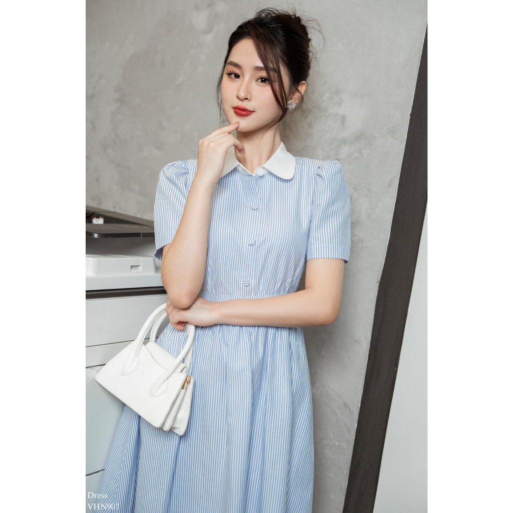 Váy sơ mi công sở cổ sen tay bồng nhún li dáng xòe V42