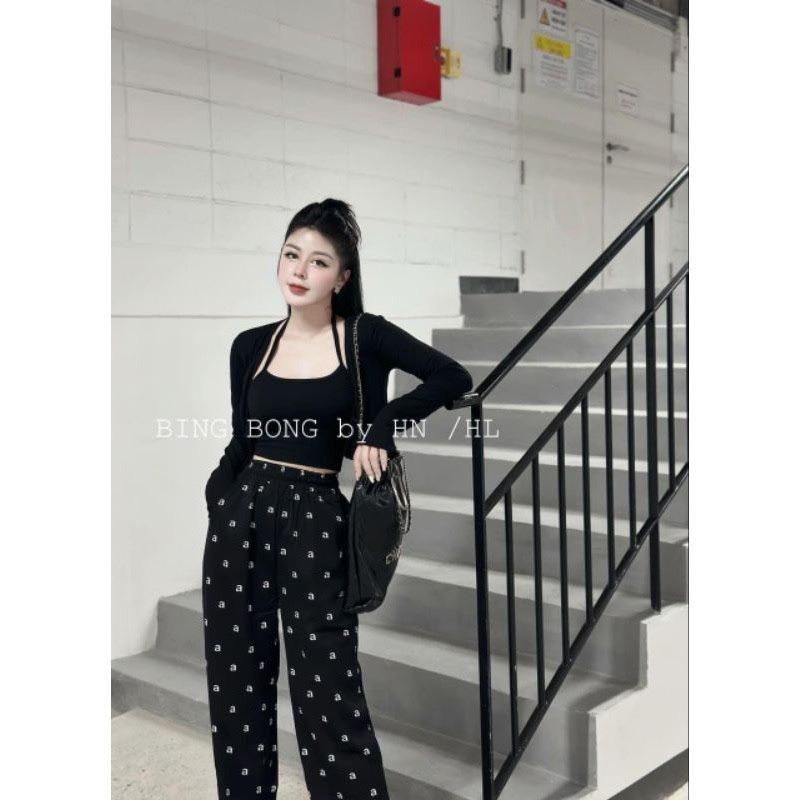 SET 3 MÓN ÁO ZIP ĐEN KÈM QUẦN XUÔNG LỤA CHỮ A