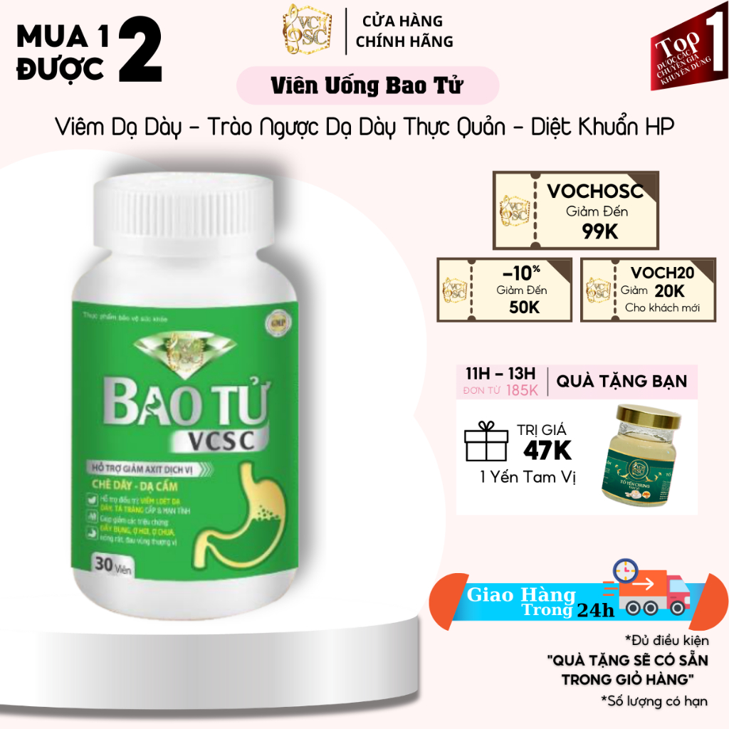1 Hộp Bao Tử - Hiệu Quả Viêm Loét Trào Ngược Ợ Hơi Nóng Đầy Bụng
