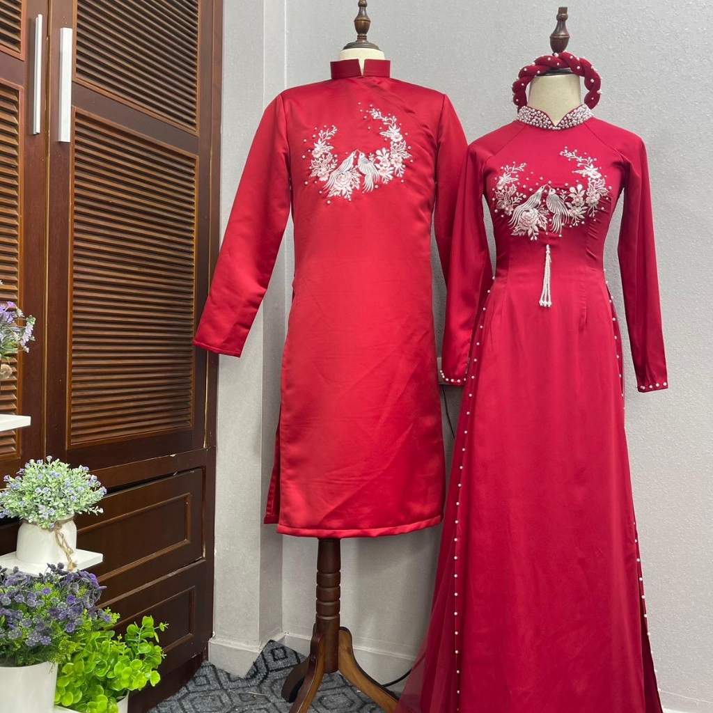 Áo dài cặp áo dâu rể lạc tiên thêu tỉ mỉ màu đỏ đô  -Aó dài Saam
