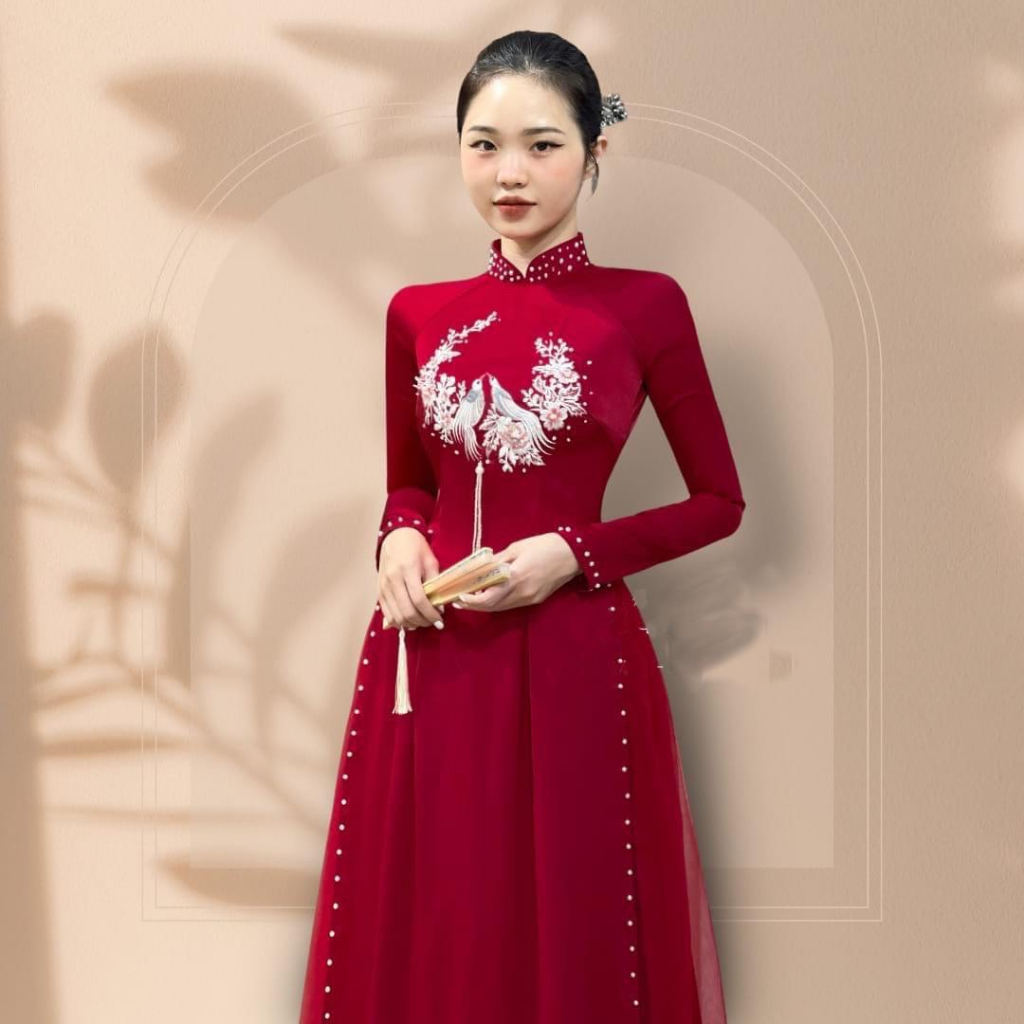 Áo dài cặp áo dâu rể lạc tiên thêu tỉ mỉ màu đỏ đô  -Aó dài Saam