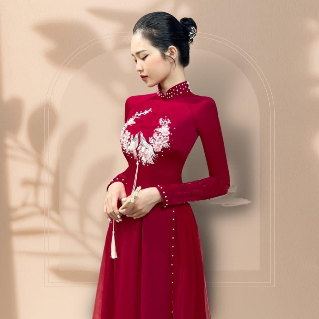 Áo dài cặp áo dâu rể lạc tiên thêu tỉ mỉ màu đỏ đô  -Aó dài Saam