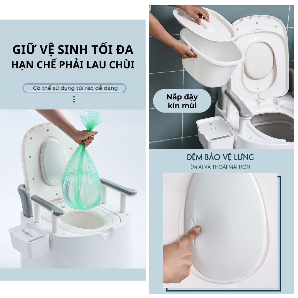 Bồn cầu di động cho người già, bà bầu, trẻ em bằng nhựa cao cấp có tay vịn đệm tựa lưng - NABITA
