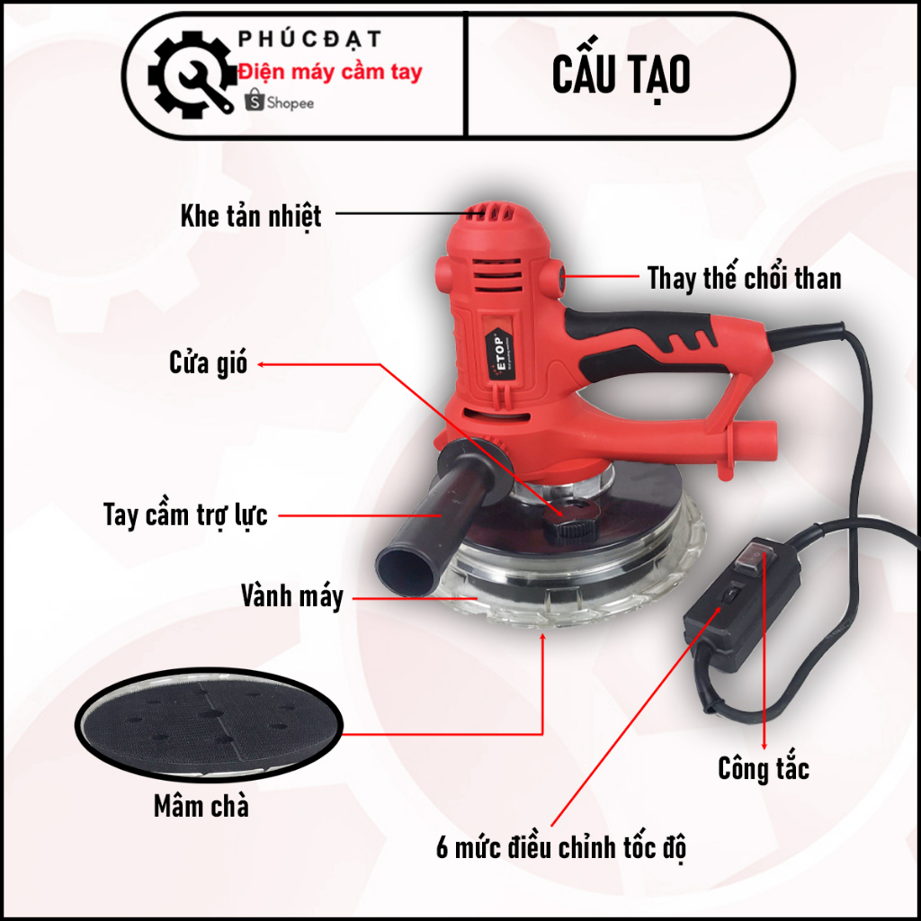 Máy chà tường, chà nhám XH-1535 chính hãng ETOP, công suất 1350w, đĩa mài 180mm, có chế độ hút bụi