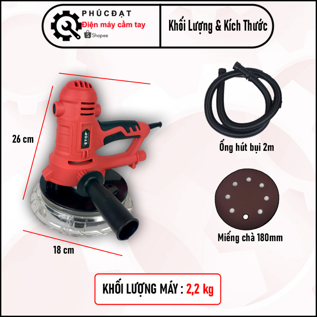 Máy chà tường, chà nhám XH-1535 chính hãng ETOP, công suất 1350w, đĩa mài 180mm, có chế độ hút bụi