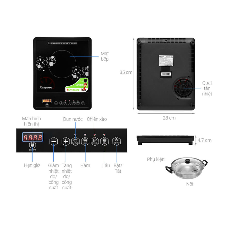 Bếp Điện Từ Đơn Kangaroo KG15IC1,Công suất 1800W, Mặt kính Crystal,4 Chức Năng Nấu Đa Dạng, Bếp từ đơn