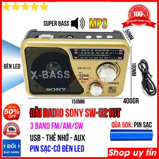 Đài Radio FM-AM Sony SW-521UT Kiêm Máy Nghe Nhạc Usb-Thẻ Nhớ, Jack Tai Nghe, Đài Radio Pin Sạc Tích Hợp Đèn Pin