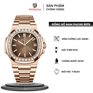 Đồng Hồ Nam Pagini PA9979 Mặt Vuông Đính Đá Kim Dạ Quang Lịch Ngày Dây Thép Cao Cấp
