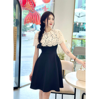 Đầm thiết kế may ch103 màu đen phối ren trắng - đầm dự tiệc thanh lịch chuẩn may