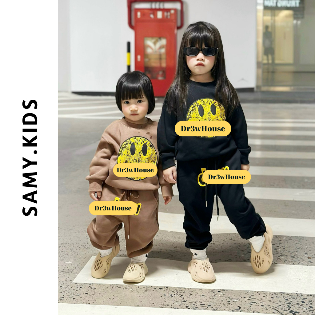 Bộ nỉ mặt cười cho bé trai bé gái, set áo sweater phối quần dài cho trẻ em Samy Kids