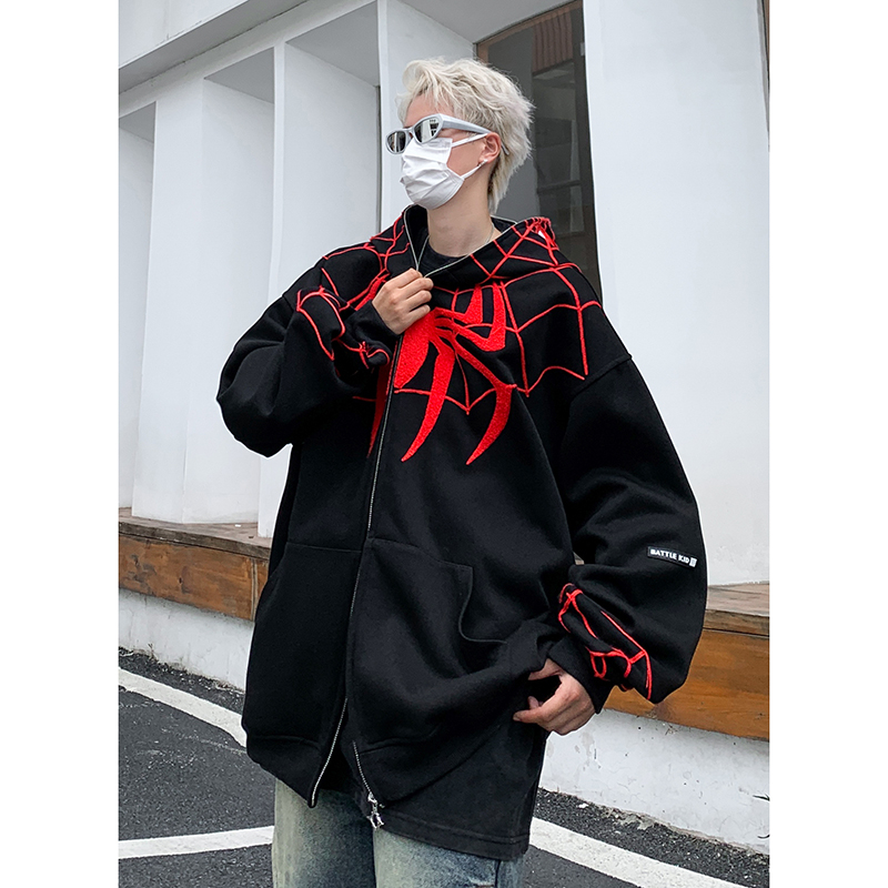 Áo nỉ hoodie nam mùa xuân thu rộng rãi thêu nhện có mũ, áo khoác nam hoạ tiết phong cách mới 7832