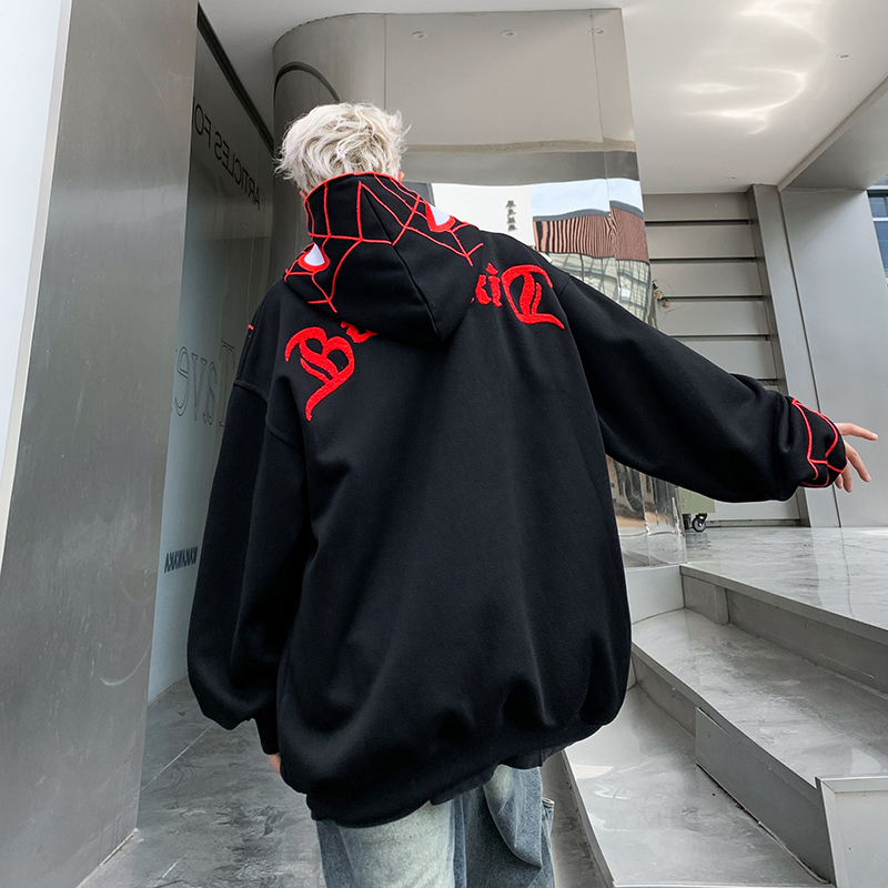 Áo nỉ hoodie nam mùa xuân thu rộng rãi thêu nhện có mũ, áo khoác nam hoạ tiết phong cách mới 7832