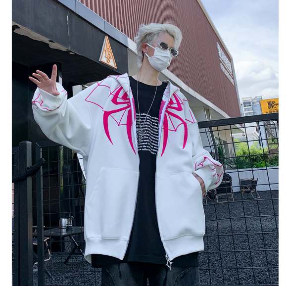 Áo nỉ hoodie nam mùa xuân thu rộng rãi thêu nhện có mũ, áo khoác nam hoạ tiết phong cách mới 7832